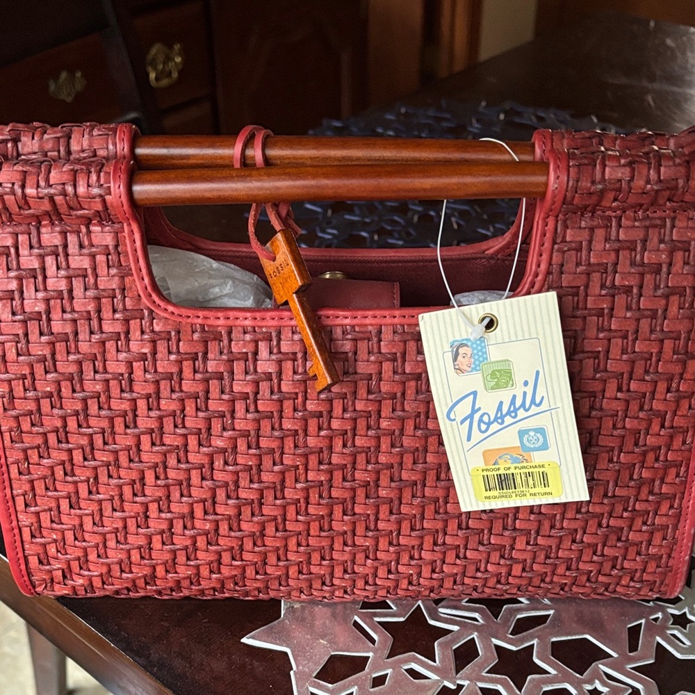 Fossil Brick Red Woven Tote with Wooden Handles